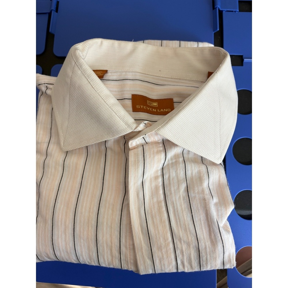Steven Land Mens Striped Dress Shirt Cream Tan 17.5 34/35 Cotton French Cuff